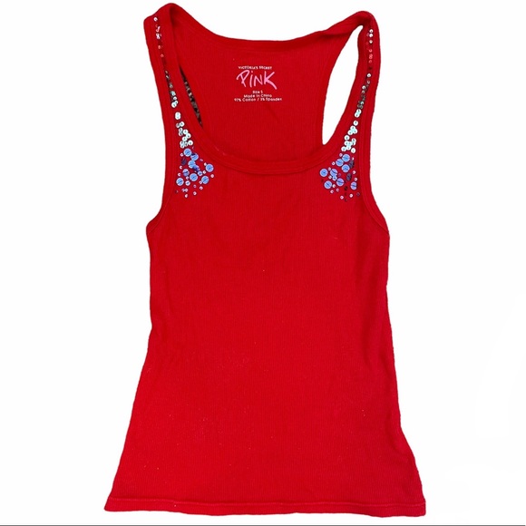 PINK Victoria’s Secret Red Racerback Tank Top with Sequin Details - Picture 1 of 7